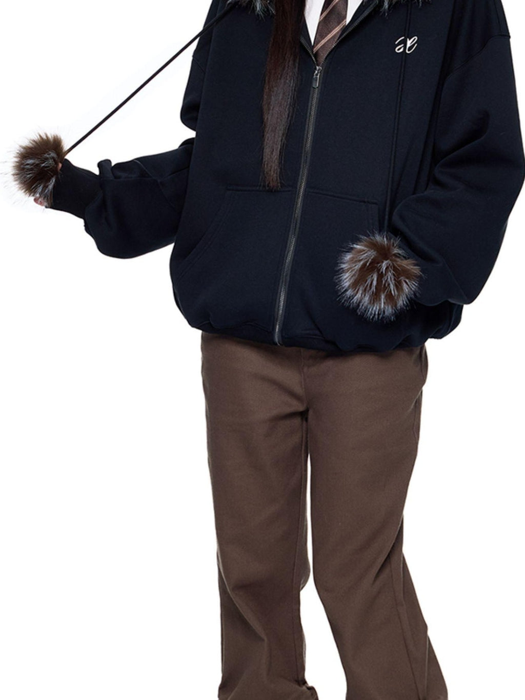 EZEK Detachable Fur Collar Embroidered Hooded Women's Cotton Blend Zip-up Hoodies