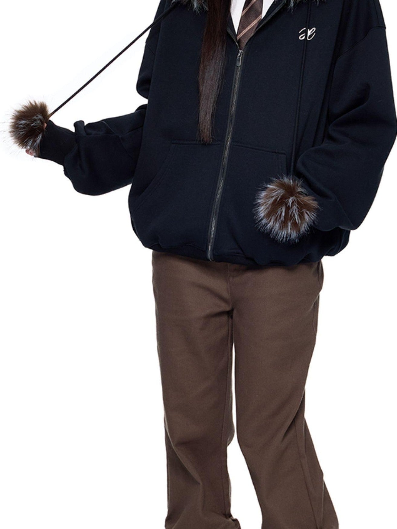 EZEK Detachable Fur Collar Embroidered Hooded Women's Cotton Blend Zip-up Hoodies