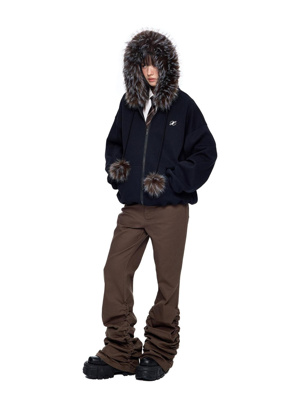 EZEK Detachable Fur Collar Embroidered Hooded Women's Cotton Blend Zip-up Hoodies