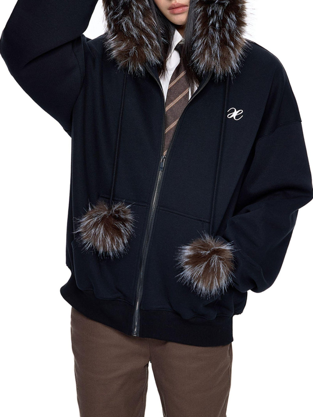 EZEK Detachable Fur Collar Embroidered Hooded Women's Cotton Blend Zip-up Hoodies