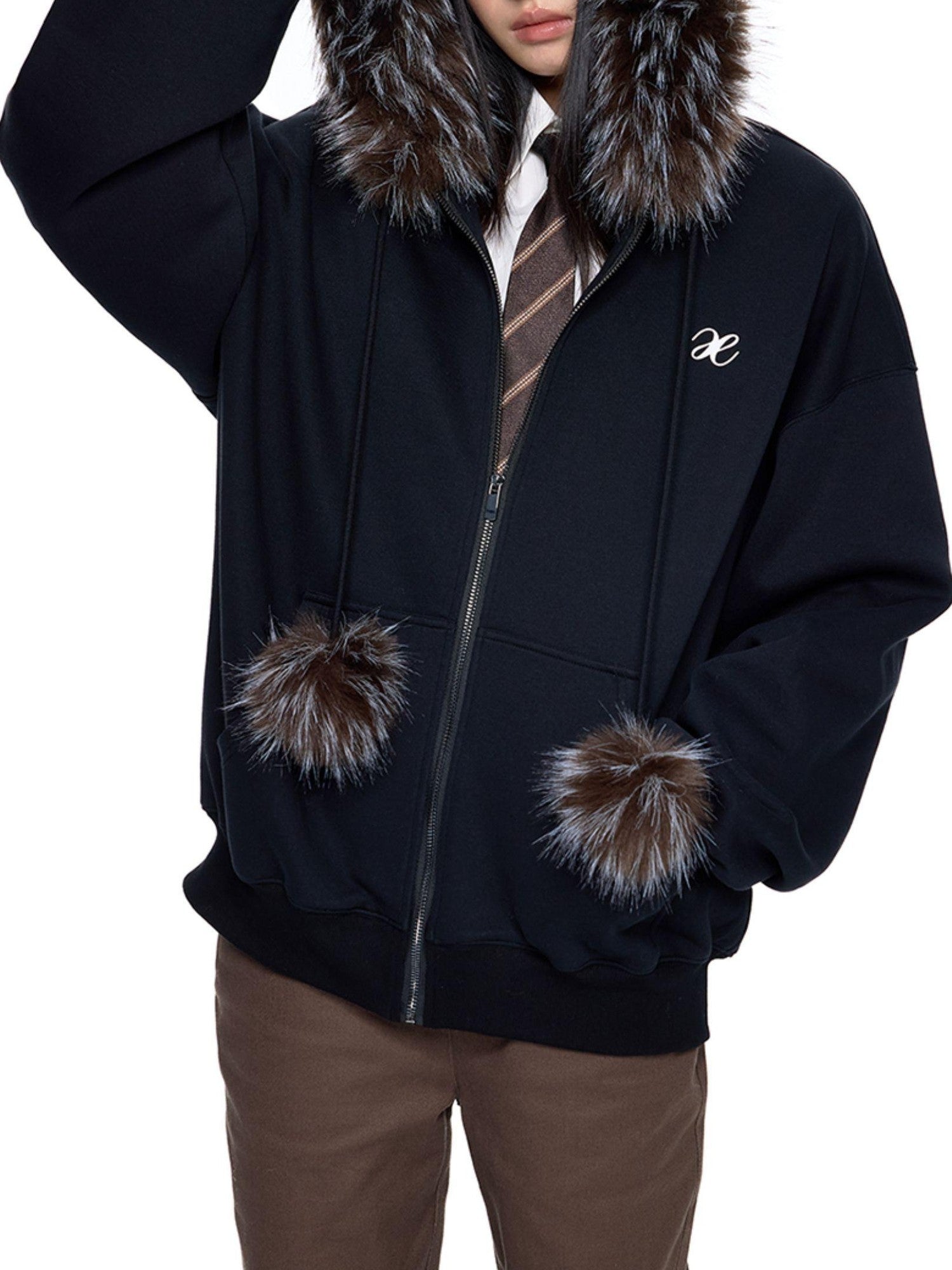 EZEK Detachable Fur Collar Embroidered Hooded Women's Cotton Blend Zip-up Hoodies