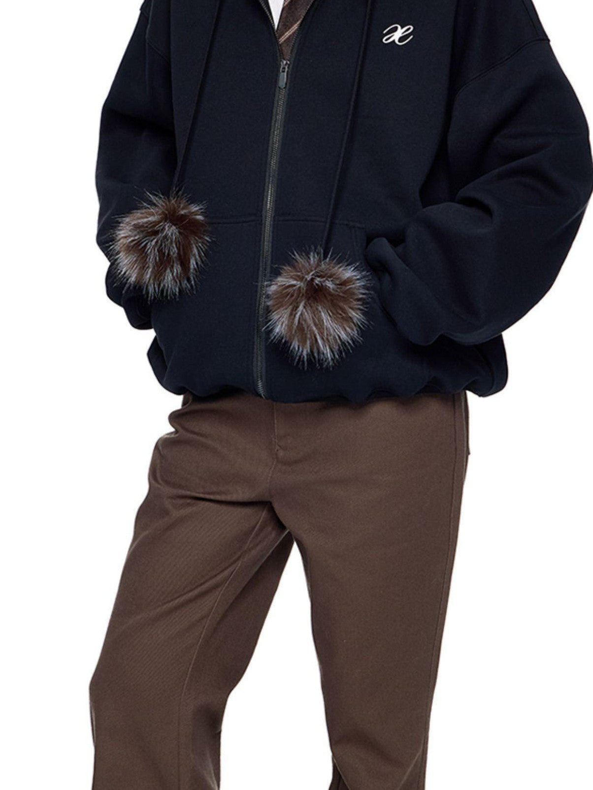 EZEK Detachable Fur Collar Embroidered Hooded Women's Cotton Blend Zip-up Hoodies