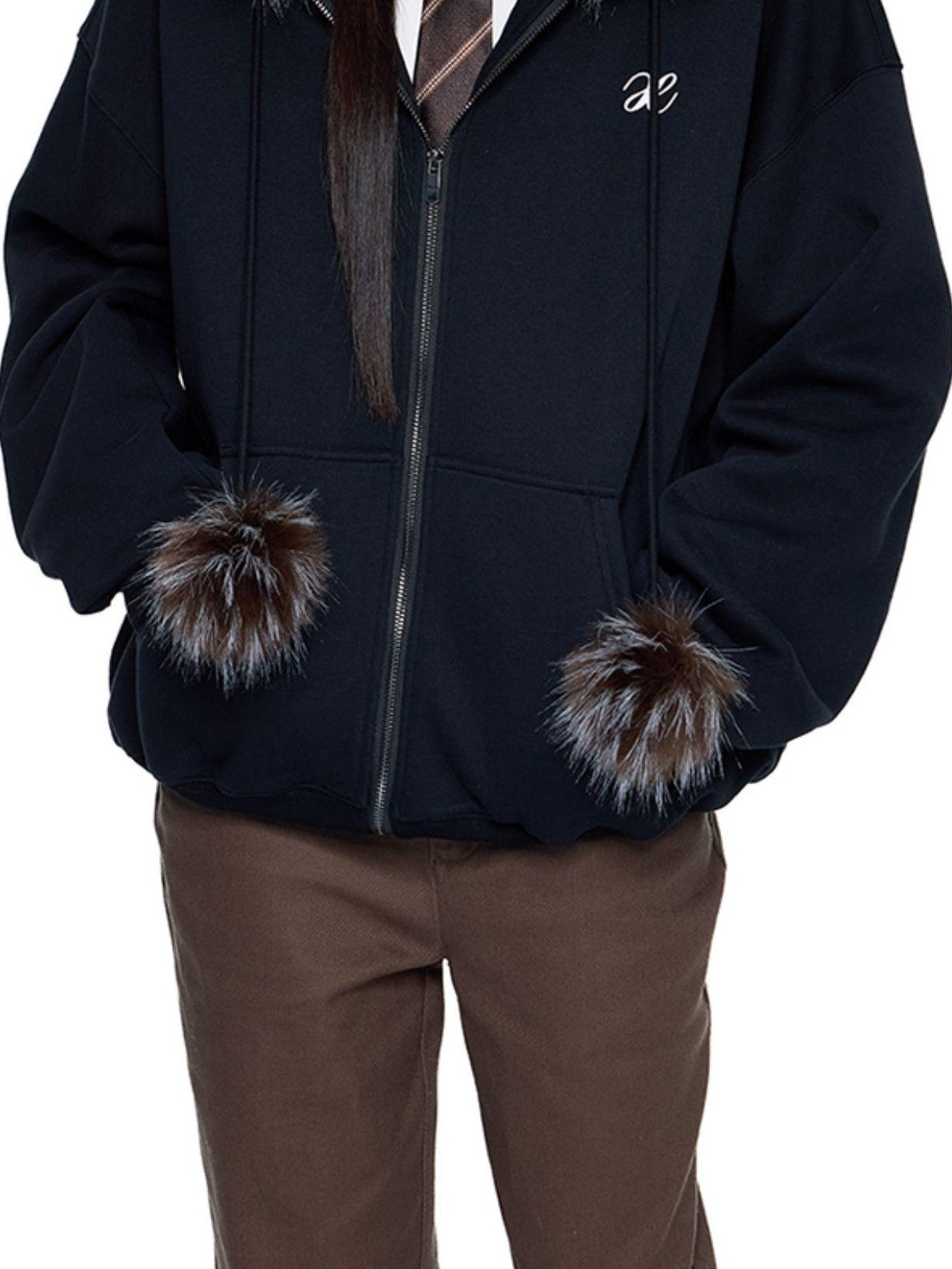EZEK Detachable Fur Collar Embroidered Hooded Women's Cotton Blend Zip-up Hoodies