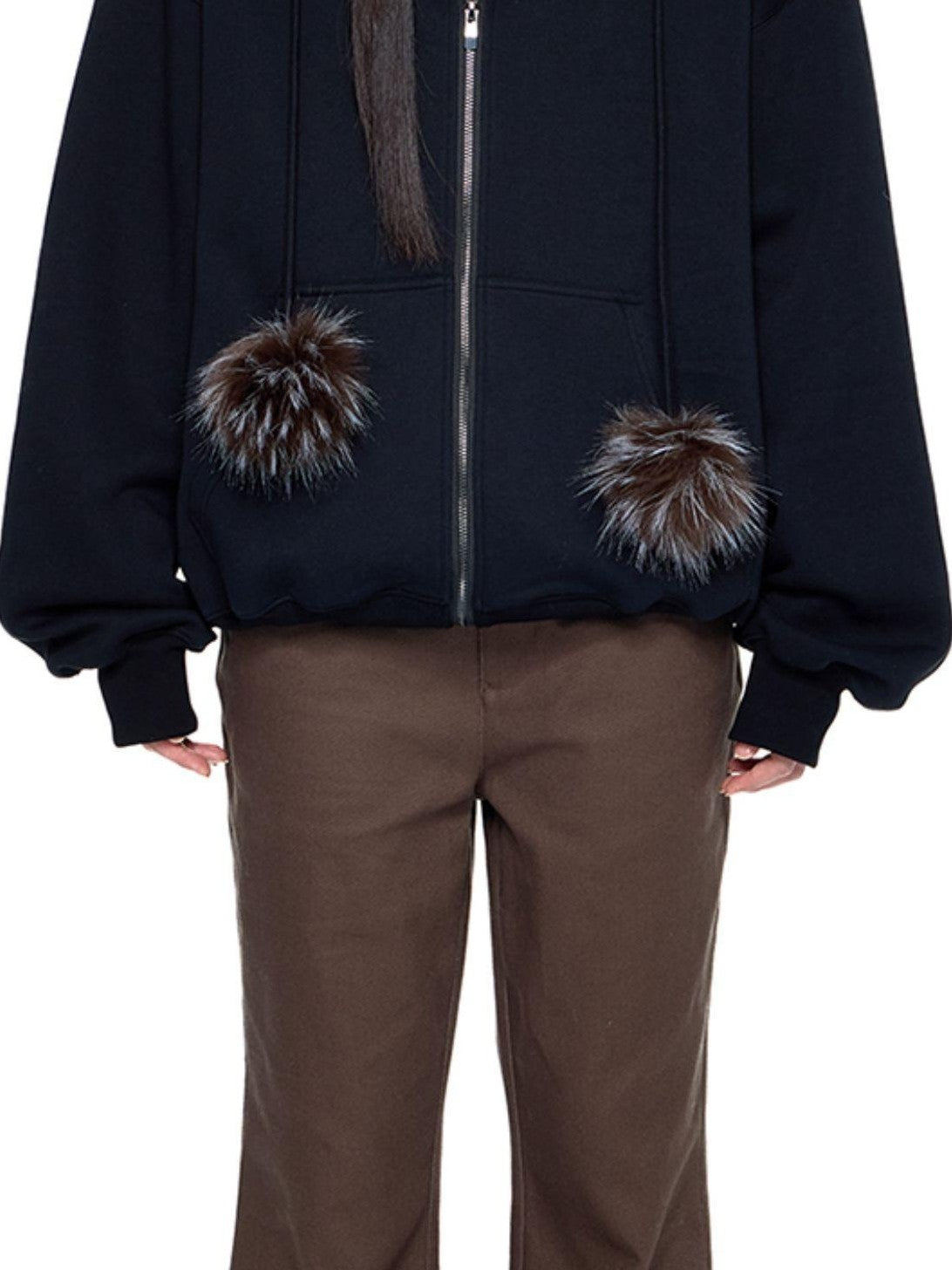 EZEK Detachable Fur Collar Embroidered Hooded Women's Cotton Blend Zip-up Hoodies