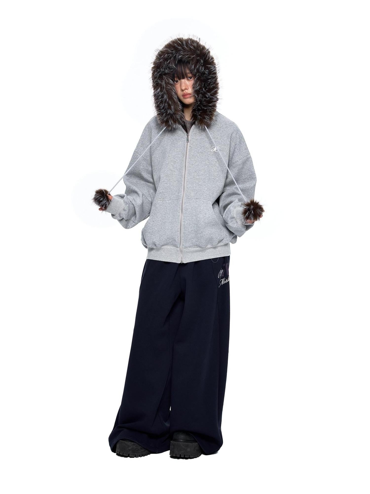 EZEK Detachable Fur Collar Embroidered Hooded Women's Cotton Blend Zip-up Hoodies