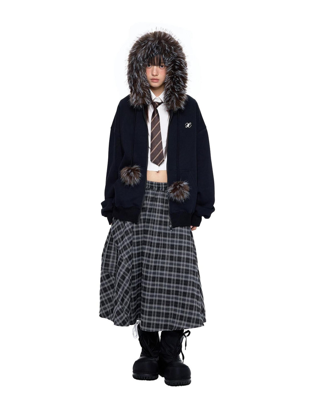 EZEK Detachable Fur Collar Embroidered Hooded Women's Cotton Blend Zip-up Hoodies