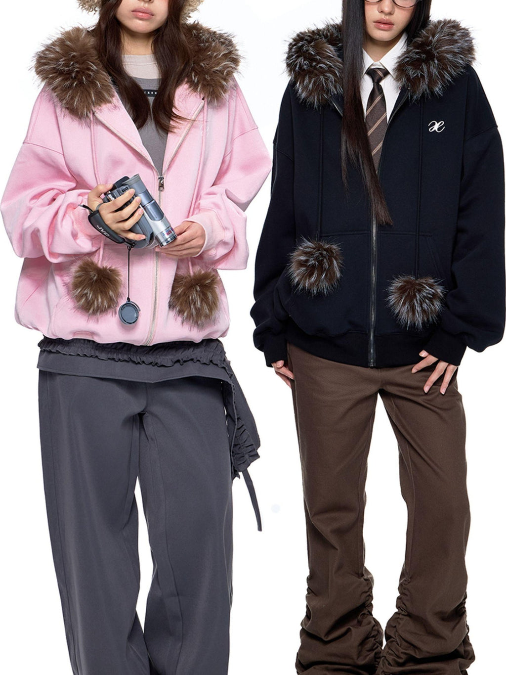 EZEK Detachable Fur Collar Embroidered Hooded Women's Cotton Blend Zip-up Hoodies