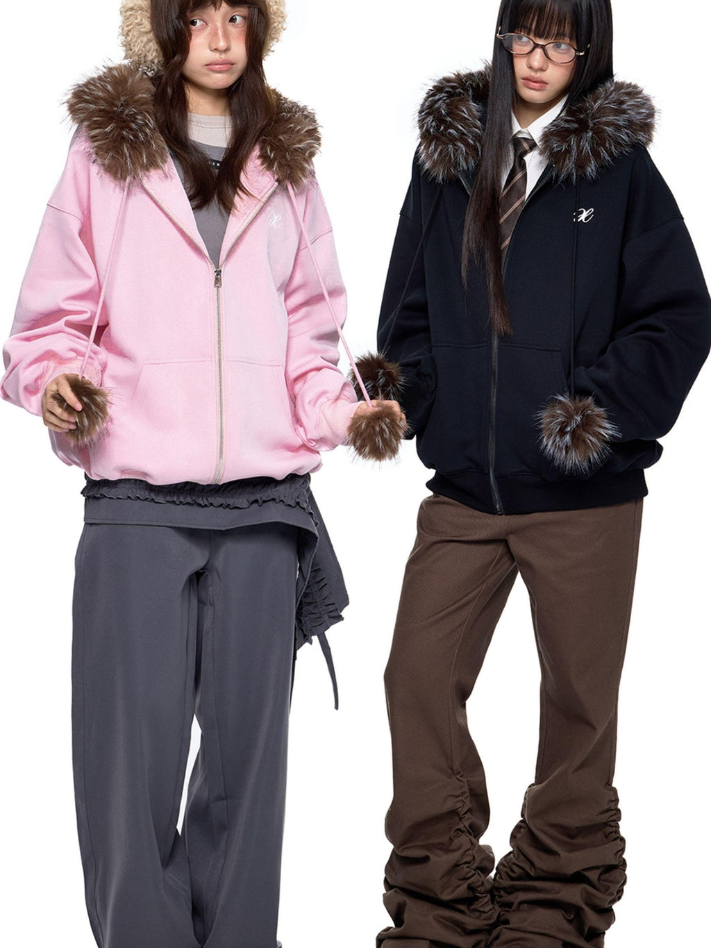 EZEK Detachable Fur Collar Embroidered Hooded Women's Cotton Blend Zip-up Hoodies