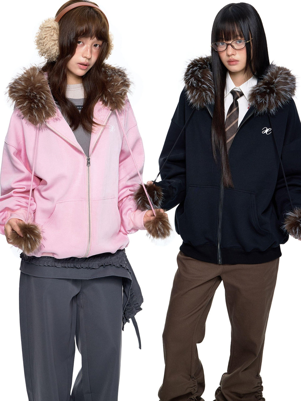 EZEK Detachable Fur Collar Embroidered Hooded Women's Cotton Blend Zip-up Hoodies