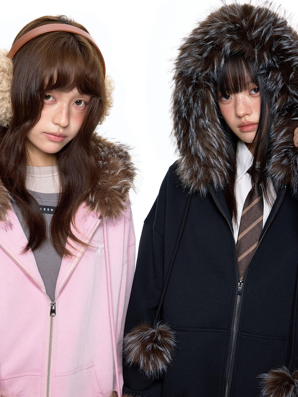 EZEK Detachable Fur Collar Embroidered Hooded Women's Cotton Blend Zip-up Hoodies