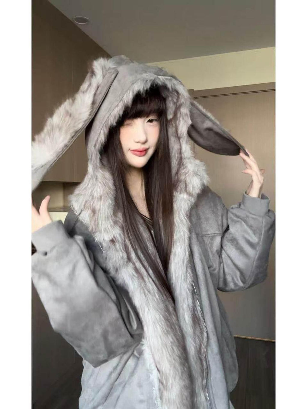 EZEK Detachable Rabbit Ears Letter Embroidered Zip Loose Women's Zip-up Hoodies