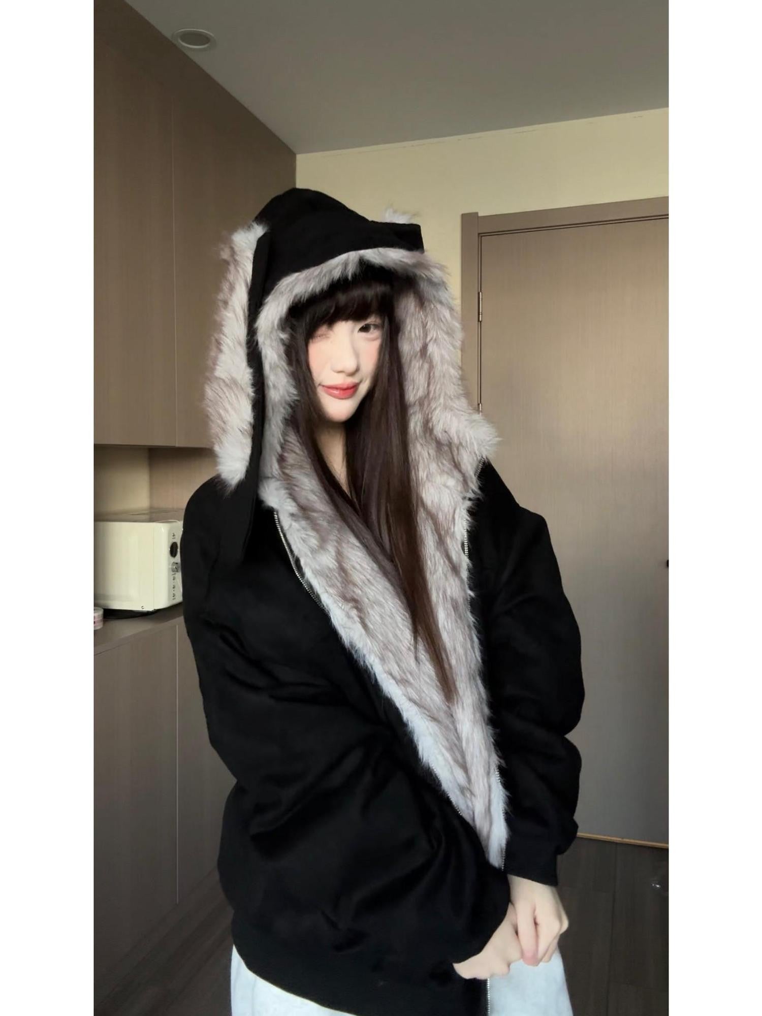 EZEK Detachable Rabbit Ears Letter Embroidered Zip Loose Women's Zip-up Hoodies
