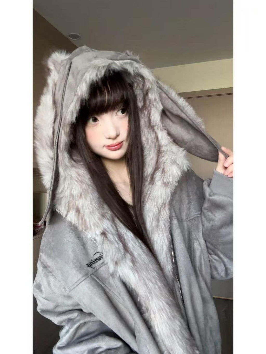 EZEK Detachable Rabbit Ears Letter Embroidered Zip Loose Women's Zip-up Hoodies