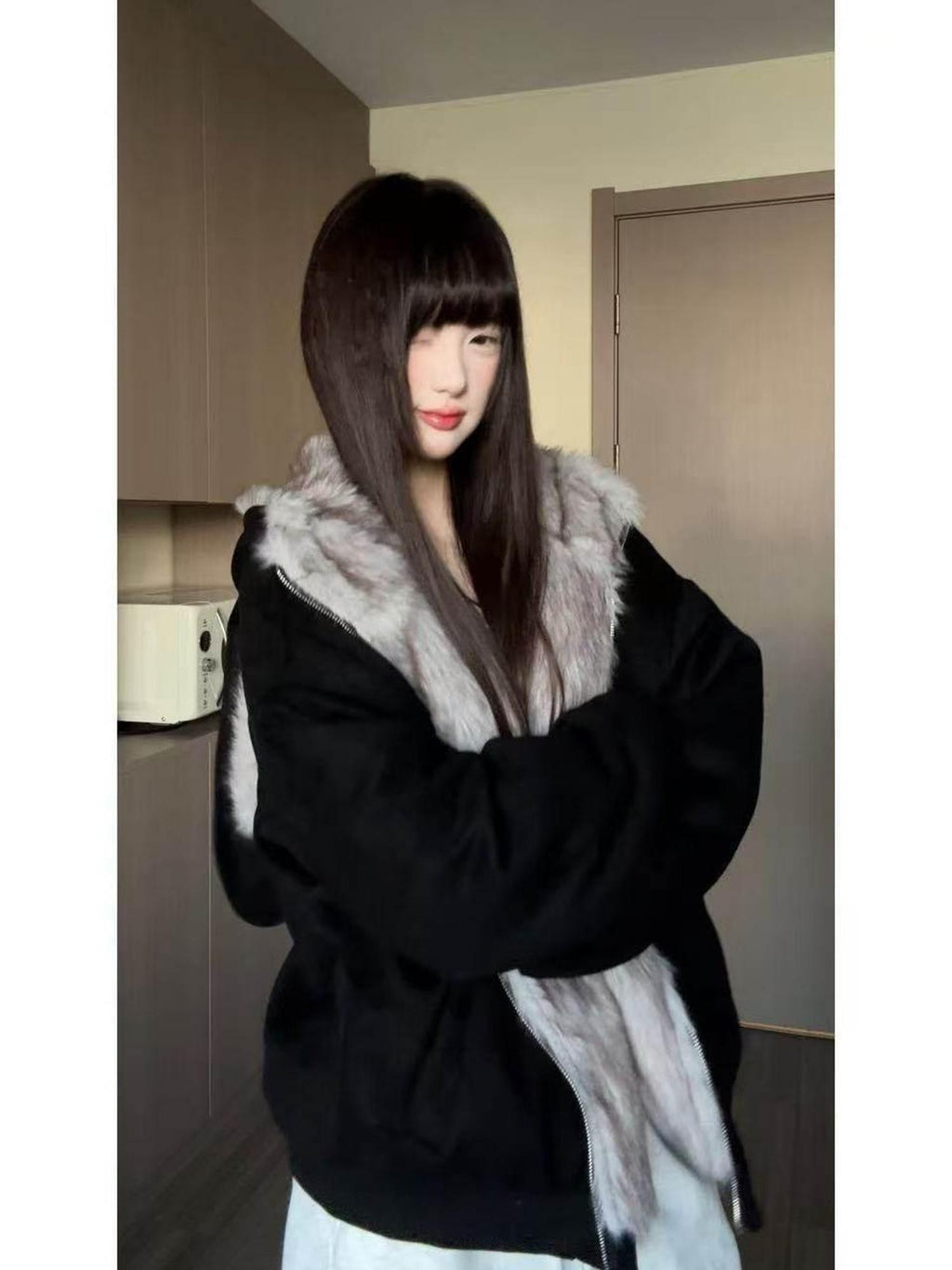 EZEK Detachable Rabbit Ears Letter Embroidered Zip Loose Women's Zip-up Hoodies