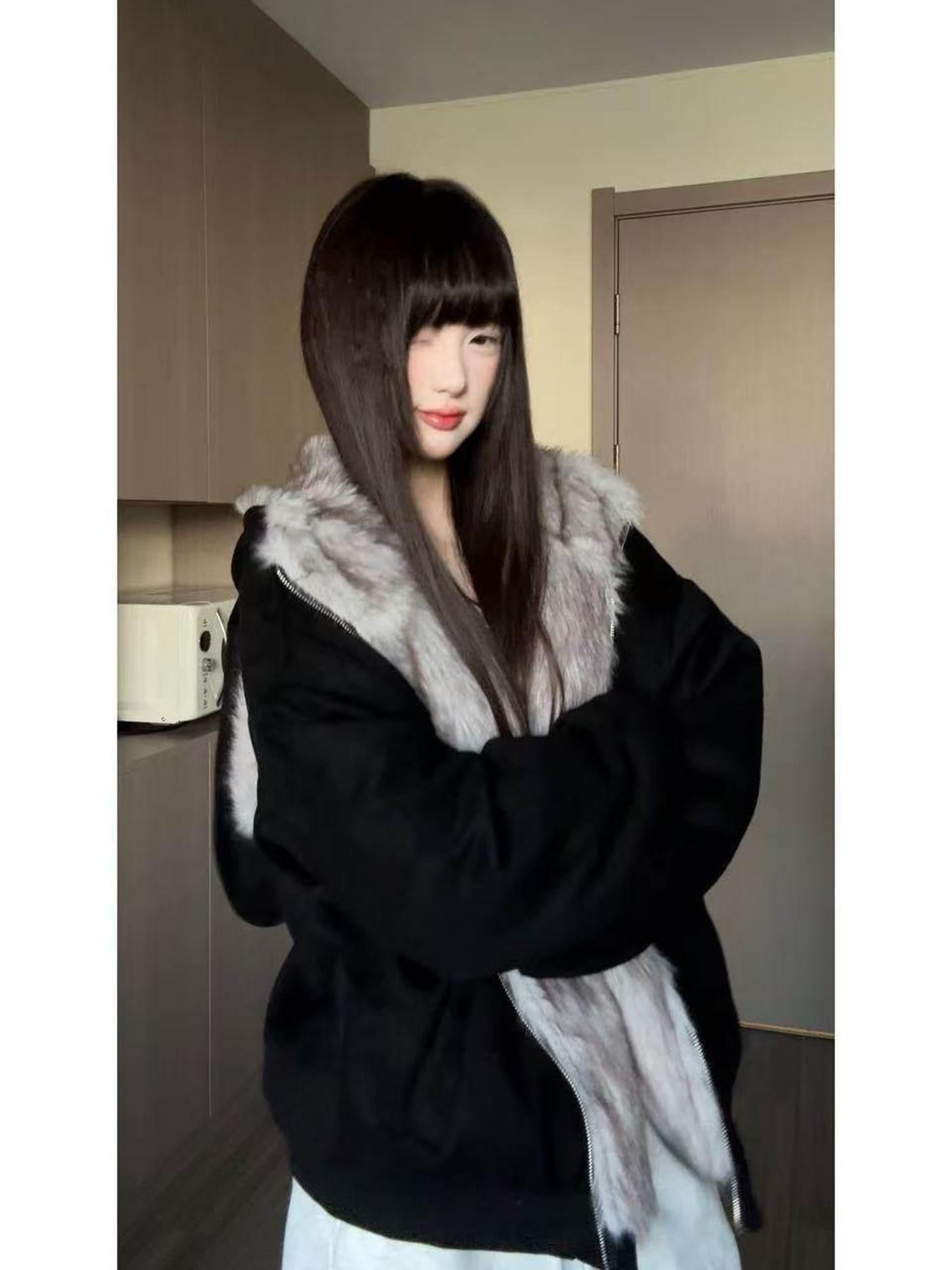 EZEK Detachable Rabbit Ears Letter Embroidered Zip Loose Women's Zip-up Hoodies