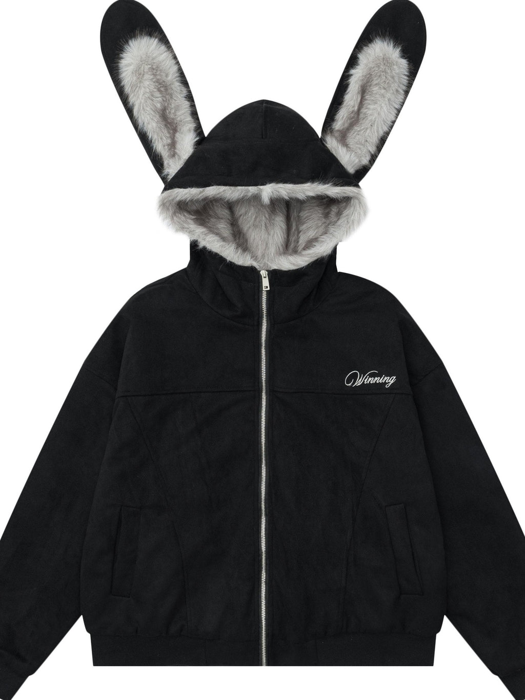 EZEK Detachable Rabbit Ears Letter Embroidered Zip Loose Women's Zip-up Hoodies