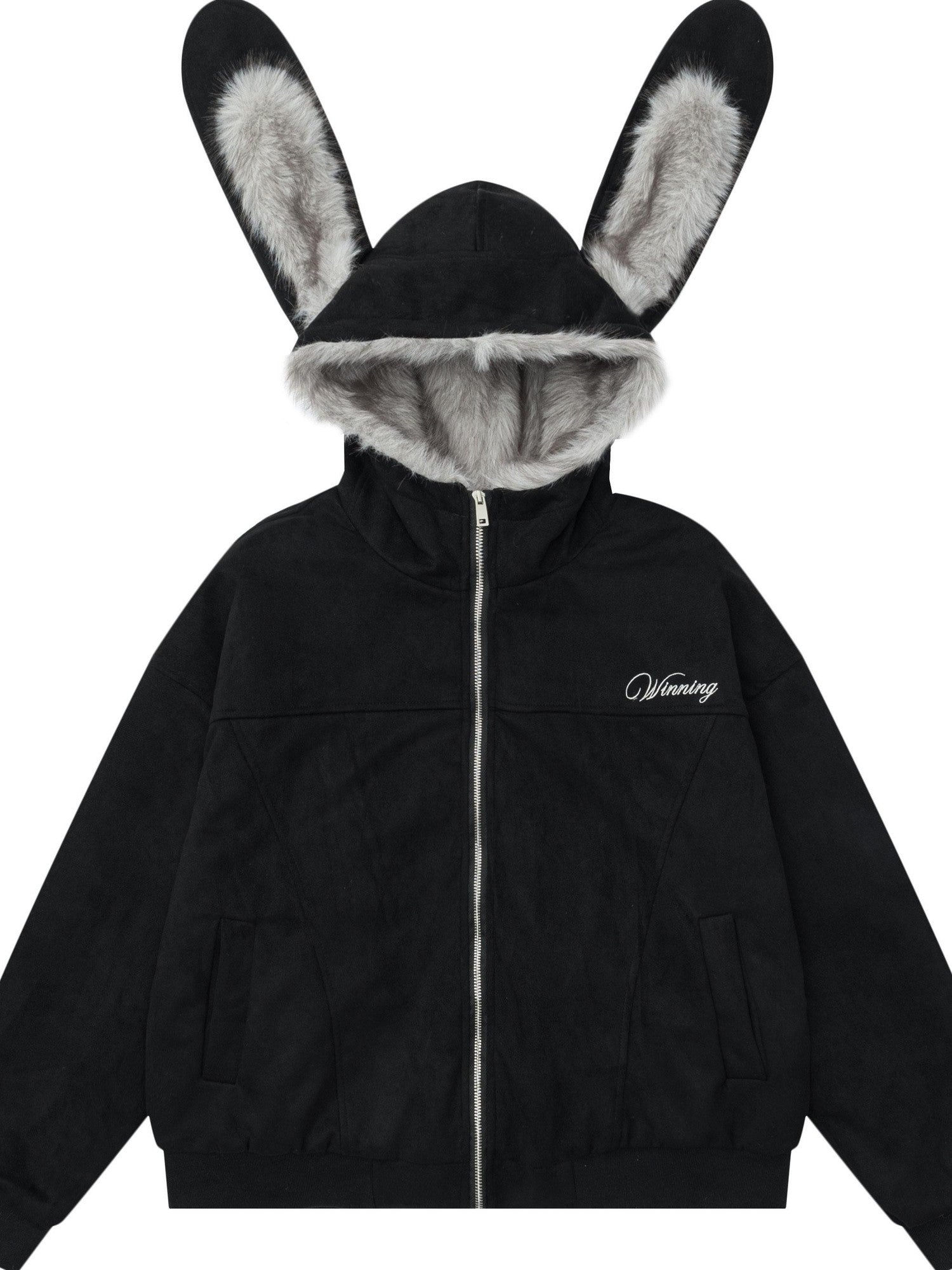 EZEK Detachable Rabbit Ears Letter Embroidered Zip Loose Women's Zip-up Hoodies