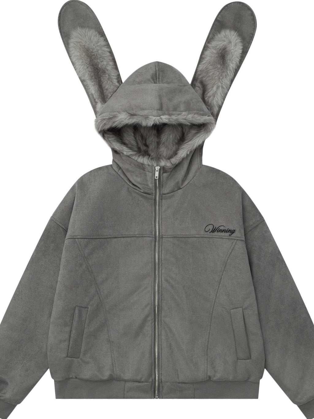 EZEK Detachable Rabbit Ears Letter Embroidered Zip Loose Women's Zip-up Hoodies
