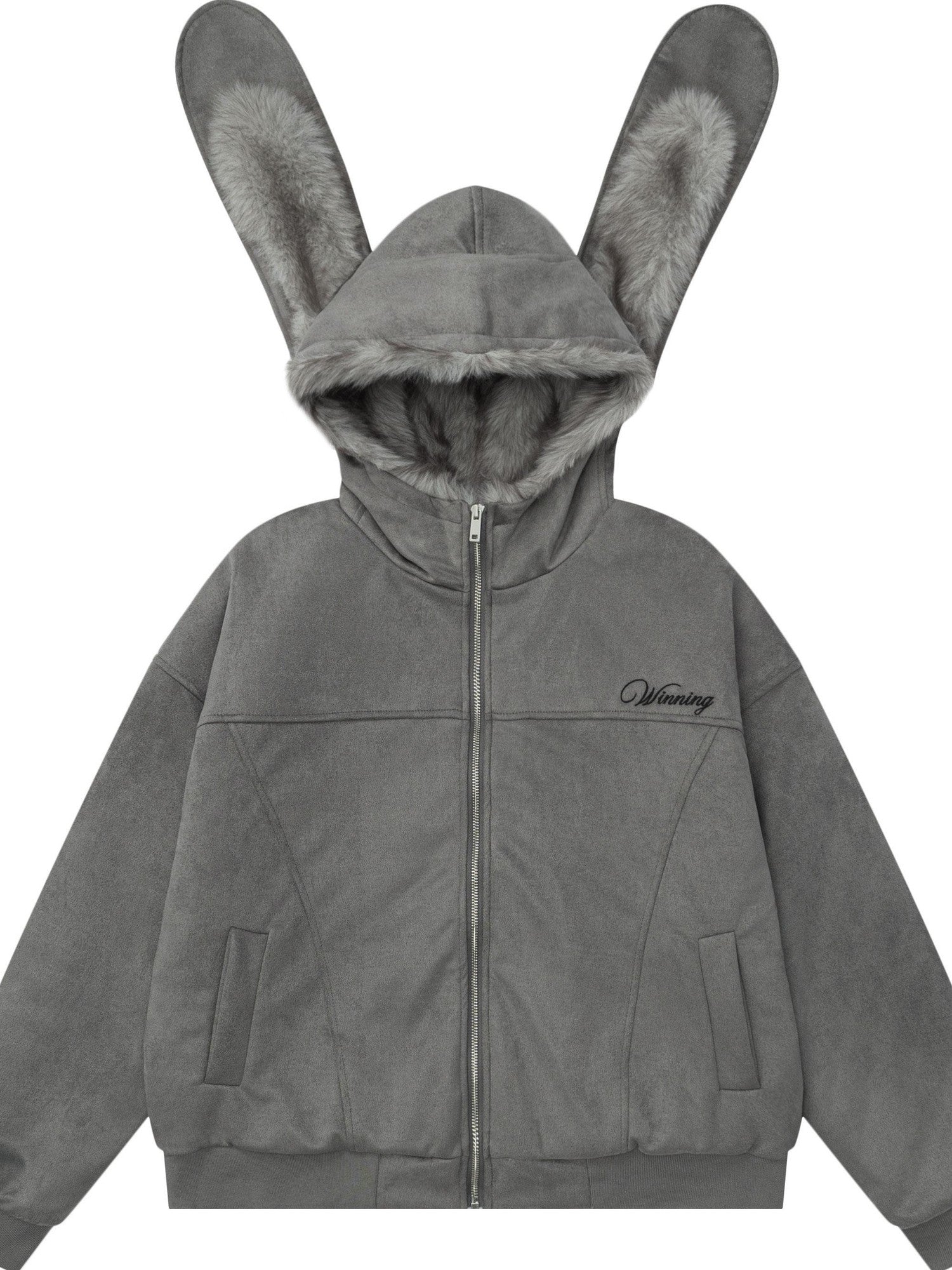 EZEK Detachable Rabbit Ears Letter Embroidered Zip Loose Women's Zip-up Hoodies