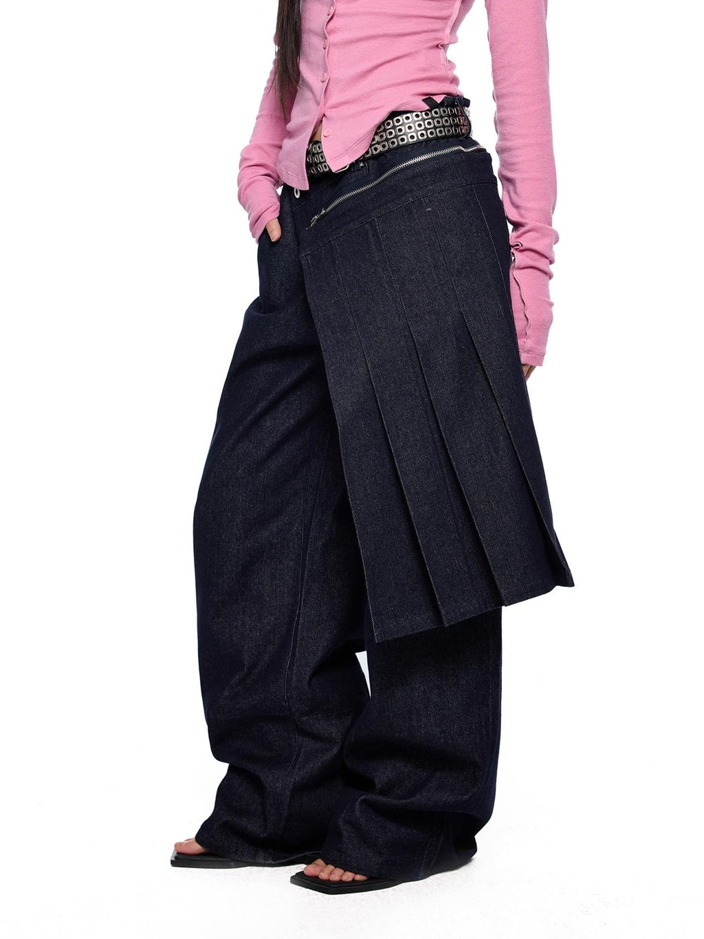 EZEK Detachable Zip Pleated Washed Wide Leg High Waist Women's Denim Skorts