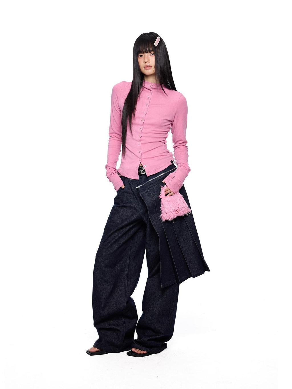 EZEK Detachable Zip Pleated Washed Wide Leg High Waist Women's Denim Skorts