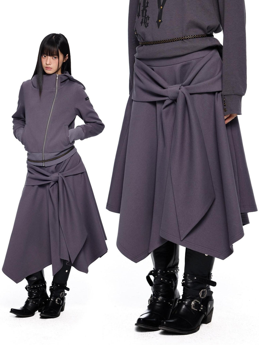 EZEK Diagonal Zipper Cropped Printed Tie Women's Cotton Blend Matching Skirt Sets