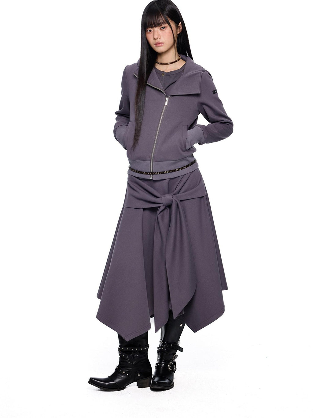 EZEK Diagonal Zipper Cropped Printed Tie Women's Cotton Blend Matching Skirt Sets