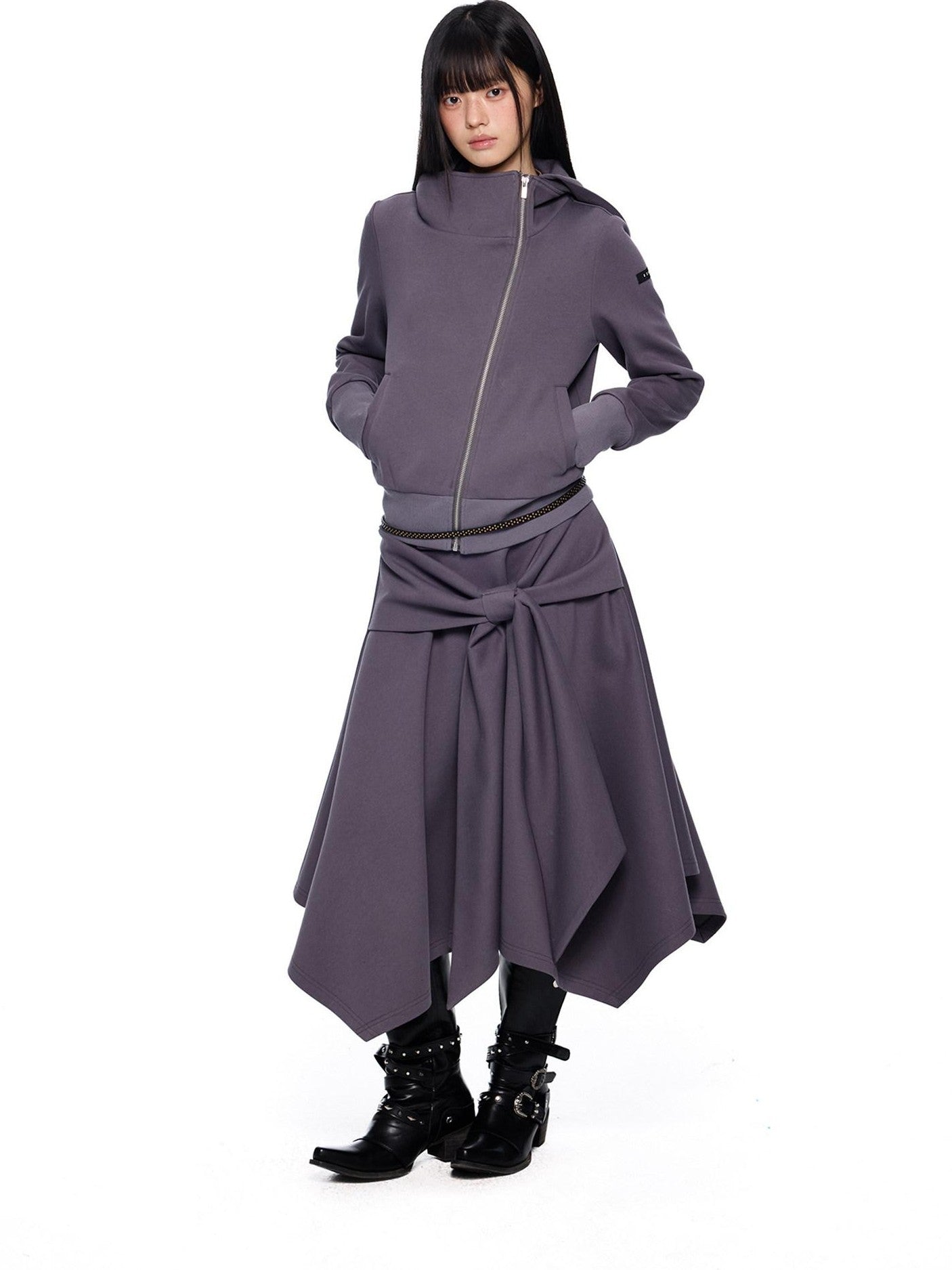 EZEK Diagonal Zipper Cropped Printed Tie Women's Cotton Blend Matching Skirt Sets
