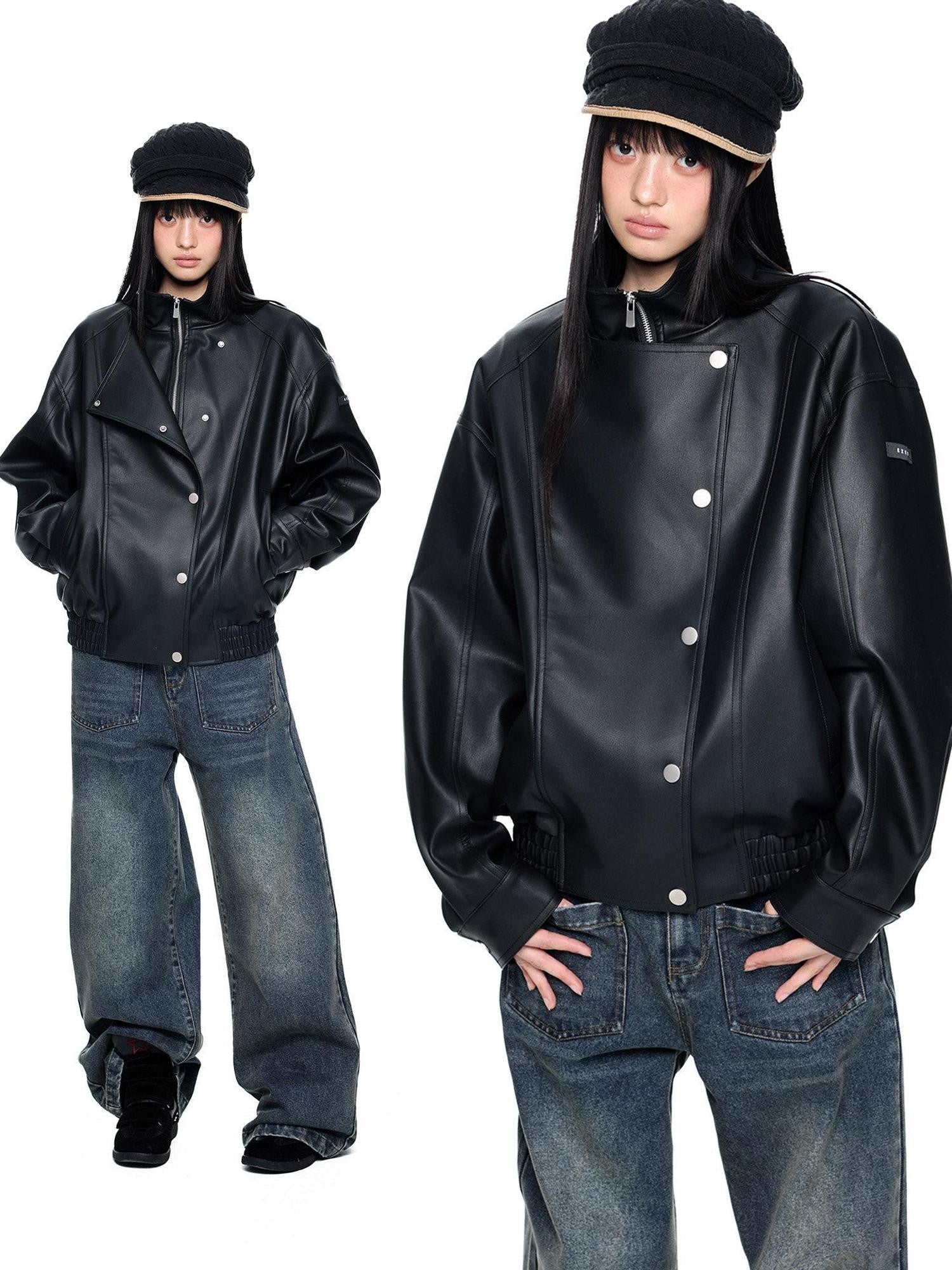 EZEK Distressed Biker Zip Pocket Stand Collar Women's Pu Leather Jackets