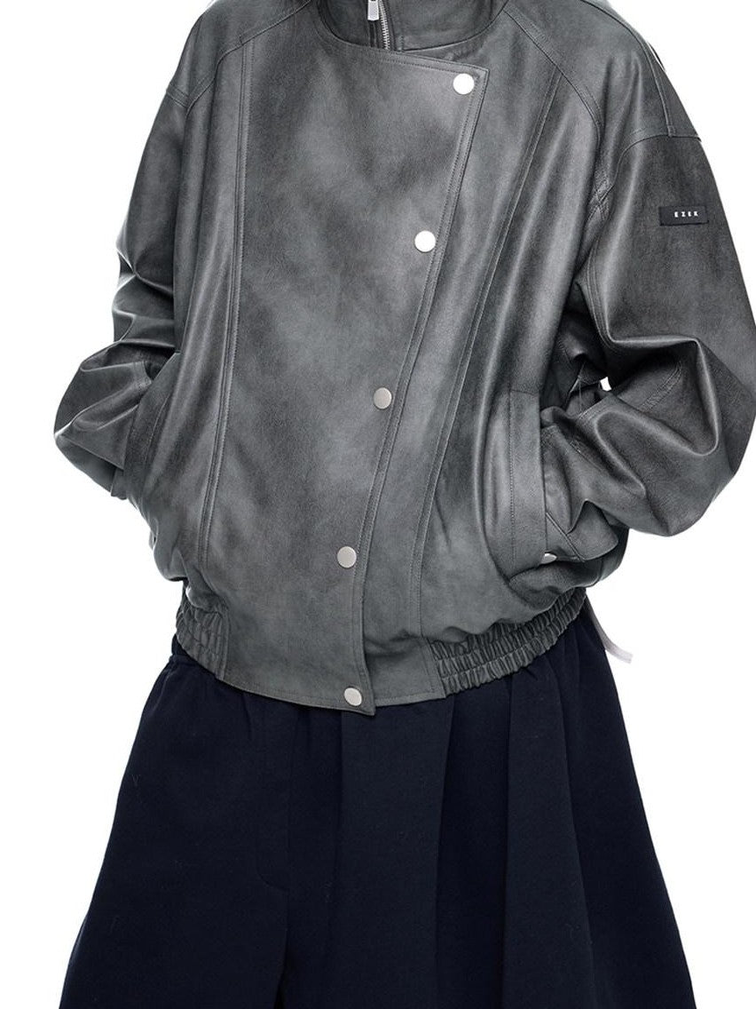 EZEK Distressed Biker Zip Pocket Stand Collar Women's Pu Leather Jackets
