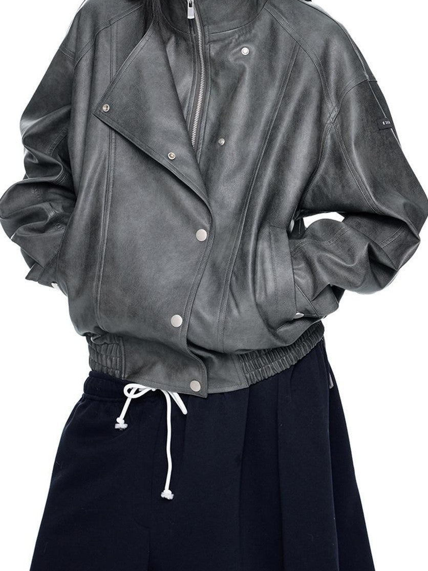 EZEK Distressed Biker Zip Pocket Stand Collar Women's Pu Leather Jackets