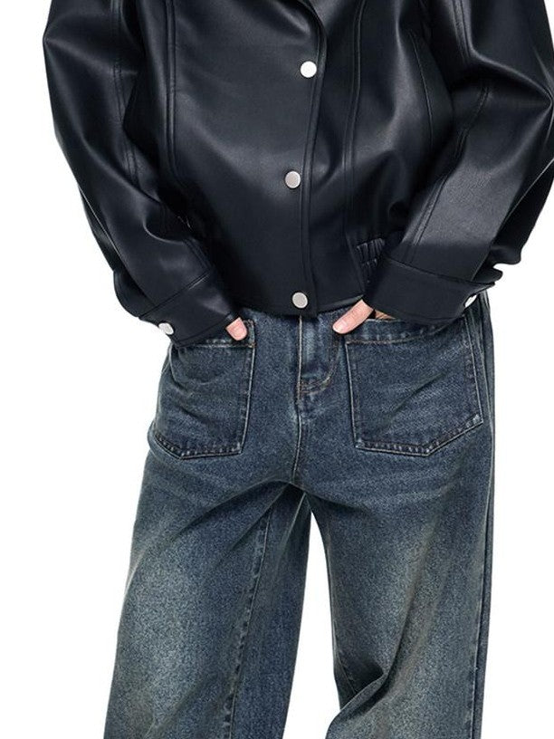 EZEK Distressed Biker Zip Pocket Stand Collar Women's Pu Leather Jackets