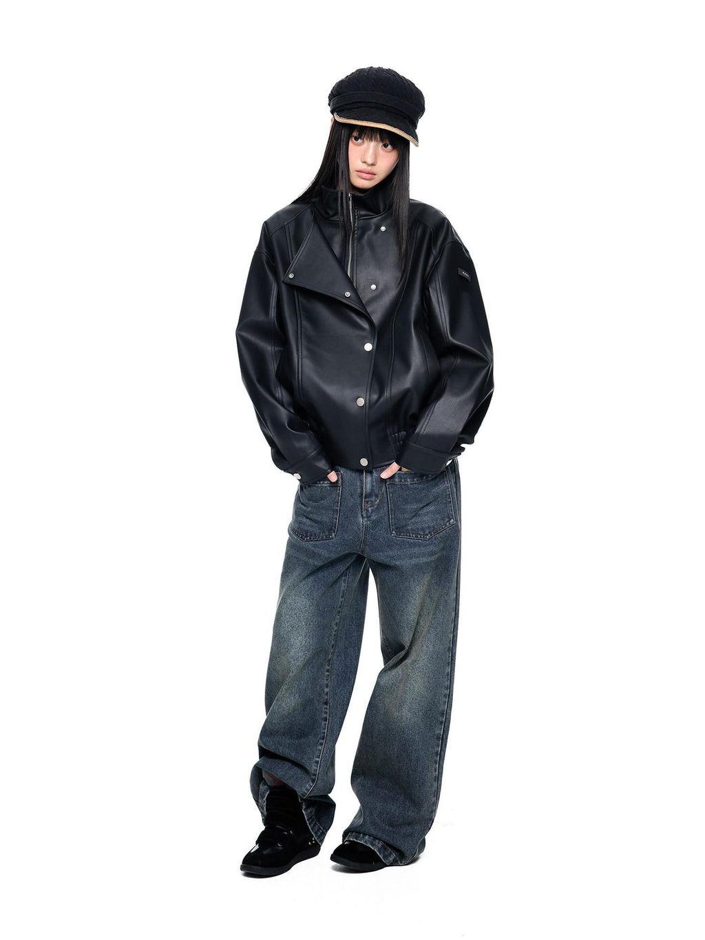 EZEK Distressed Biker Zip Pocket Stand Collar Women's Pu Leather Jackets