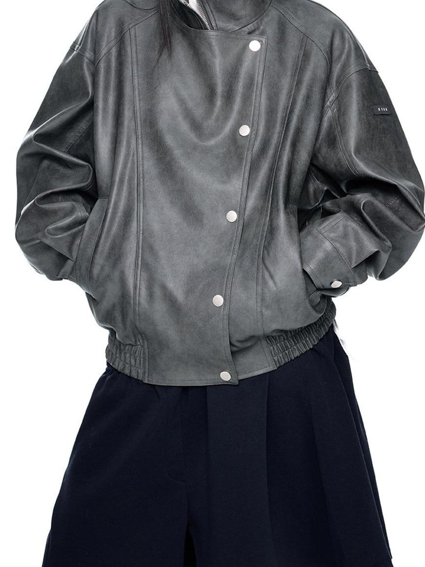 EZEK Distressed Biker Zip Pocket Stand Collar Women's Pu Leather Jackets