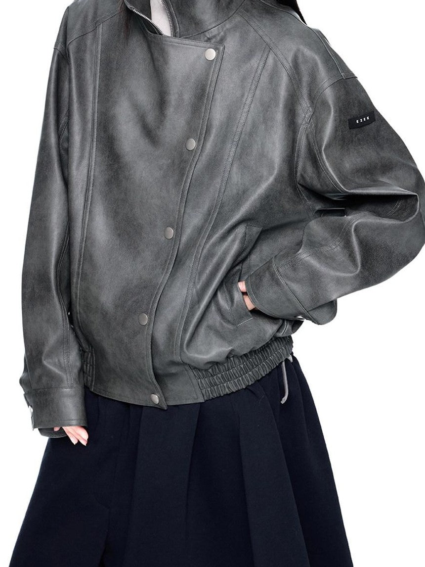 EZEK Distressed Biker Zip Pocket Stand Collar Women's Pu Leather Jackets