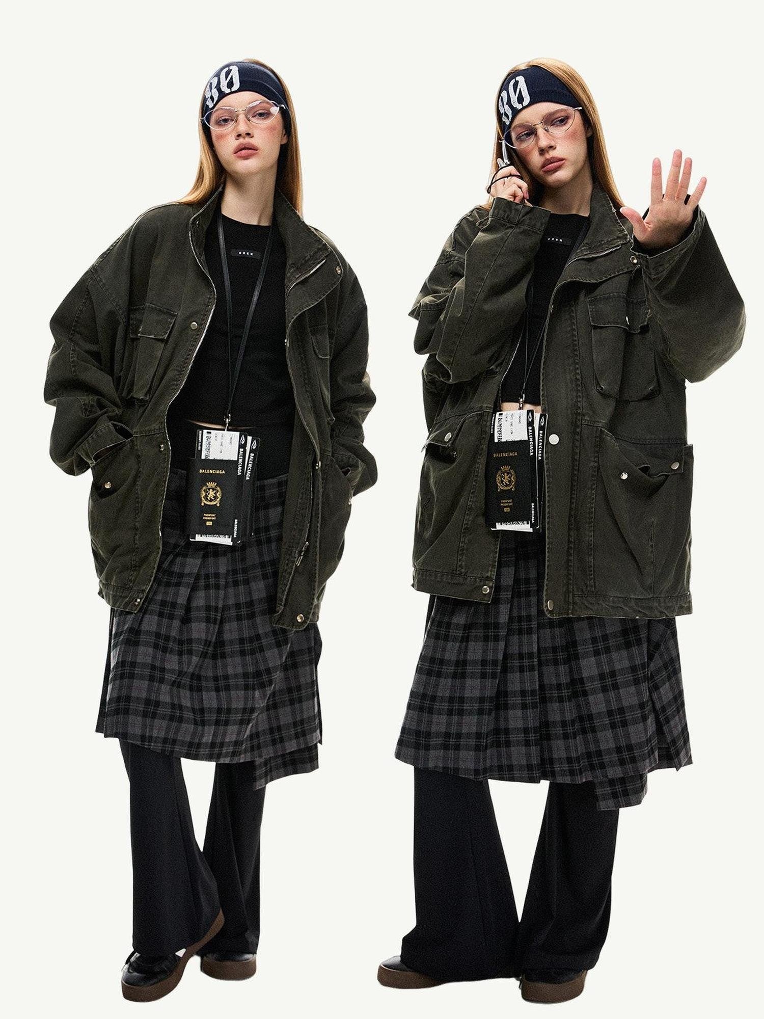 EZEK Distressed Pocket Stand Collar Relaxed Women's Cotton Utility Jackets
