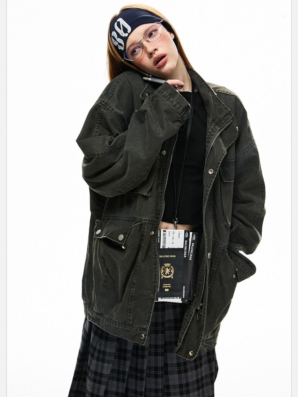 EZEK Distressed Pocket Stand Collar Relaxed Women's Cotton Utility Jackets