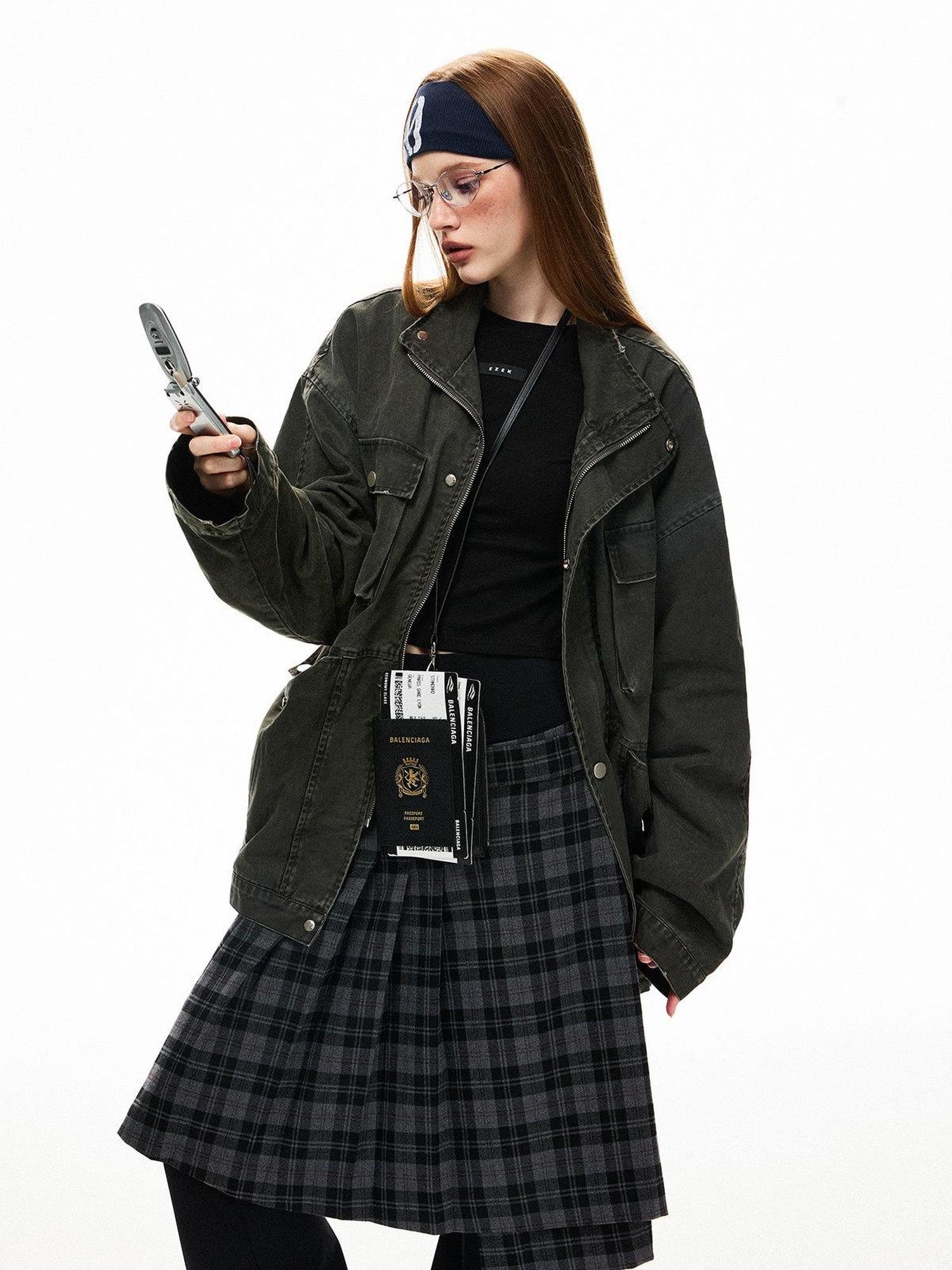EZEK Distressed Pocket Stand Collar Relaxed Women's Cotton Utility Jackets