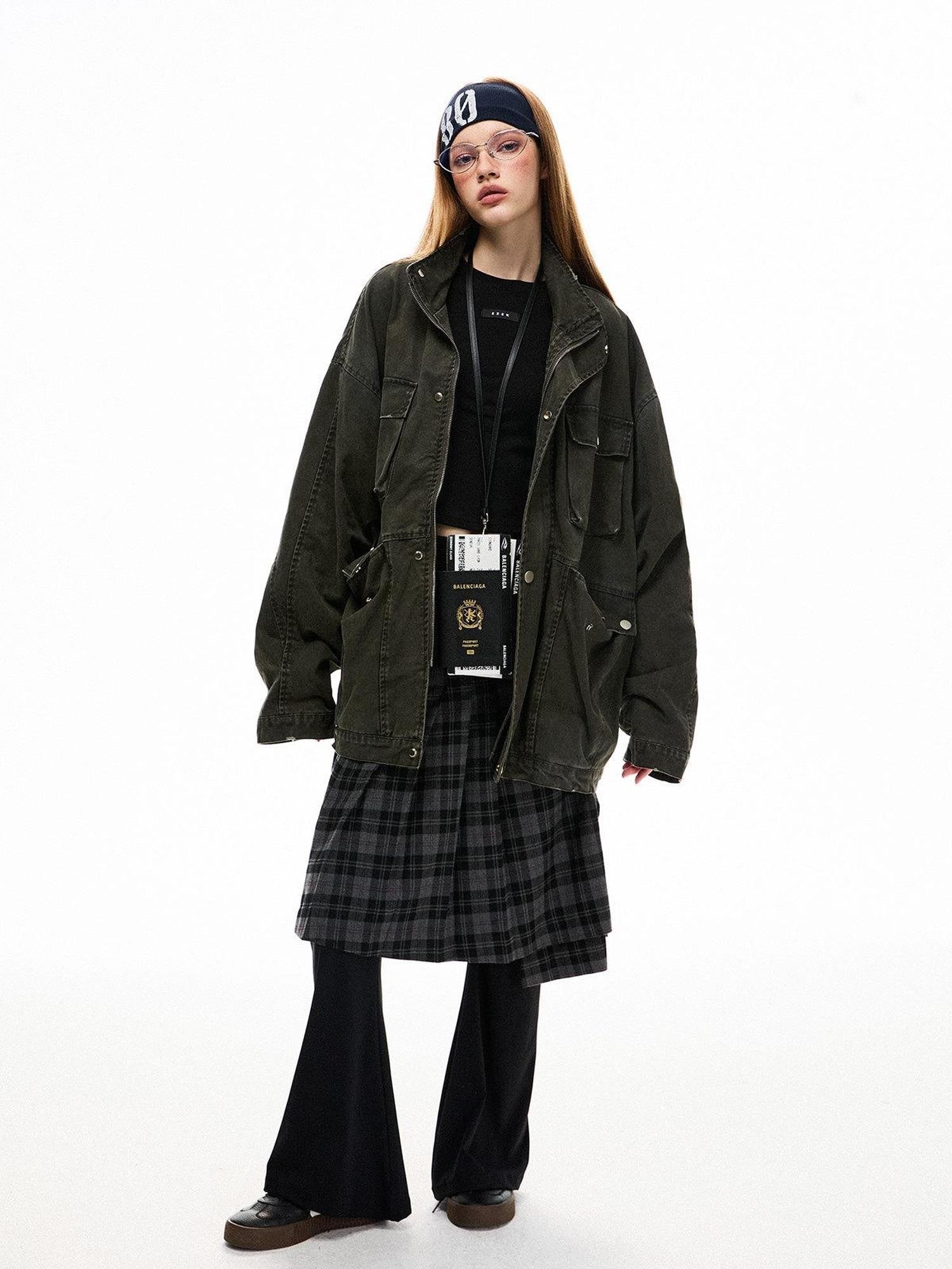EZEK Distressed Pocket Stand Collar Relaxed Women's Cotton Utility Jackets