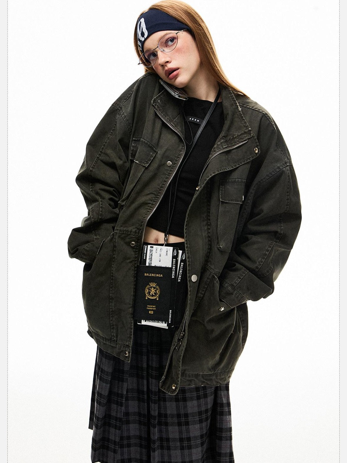 EZEK Distressed Pocket Stand Collar Relaxed Women's Cotton Utility Jackets