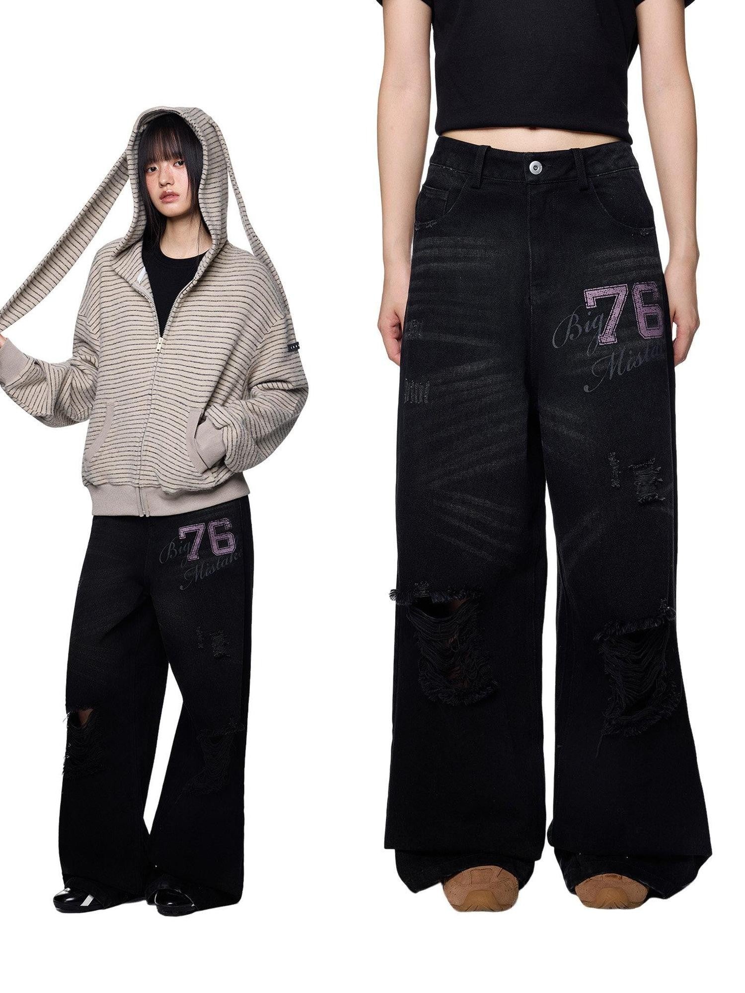 EZEK Distressed Ripped Letter Print Women's Cotton Blend Straight-leg Jeans