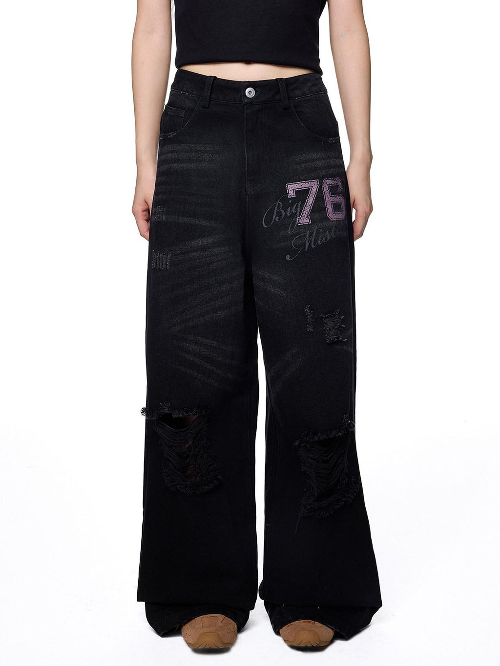 EZEK Distressed Ripped Letter Print Women's Cotton Blend Straight-leg Jeans
