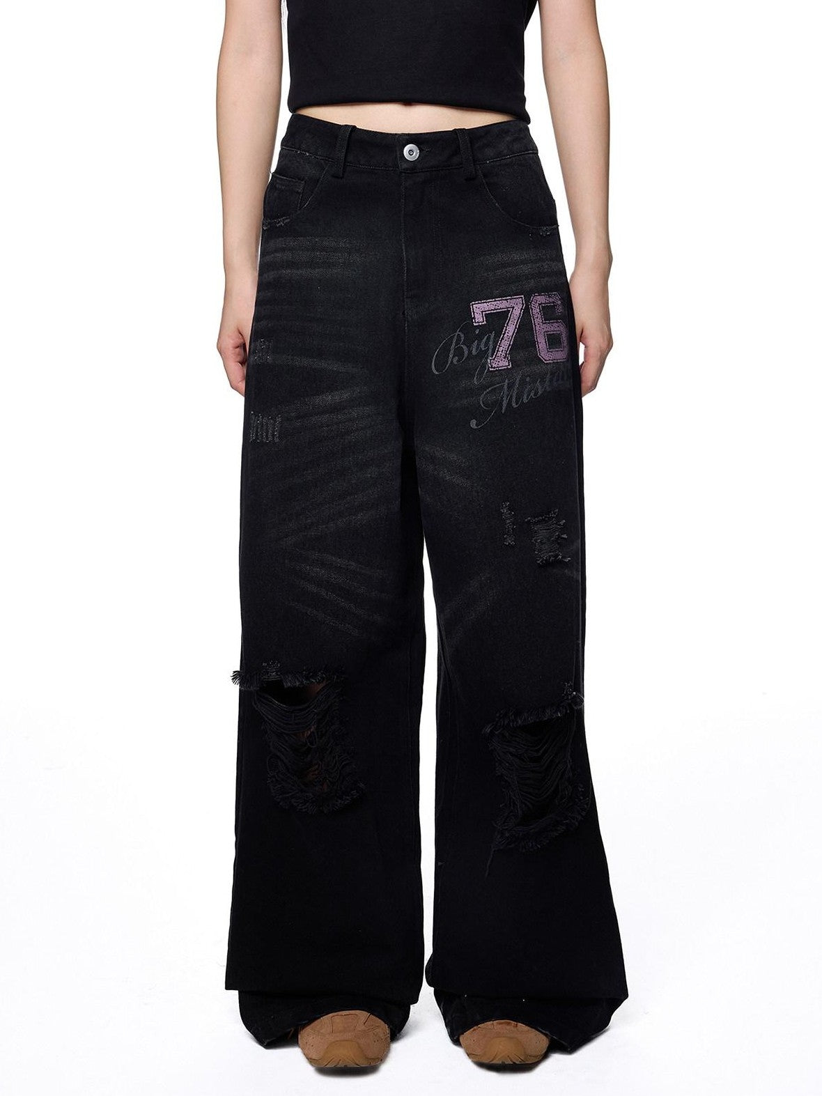 EZEK Distressed Ripped Letter Print Women's Cotton Blend Straight-leg Jeans