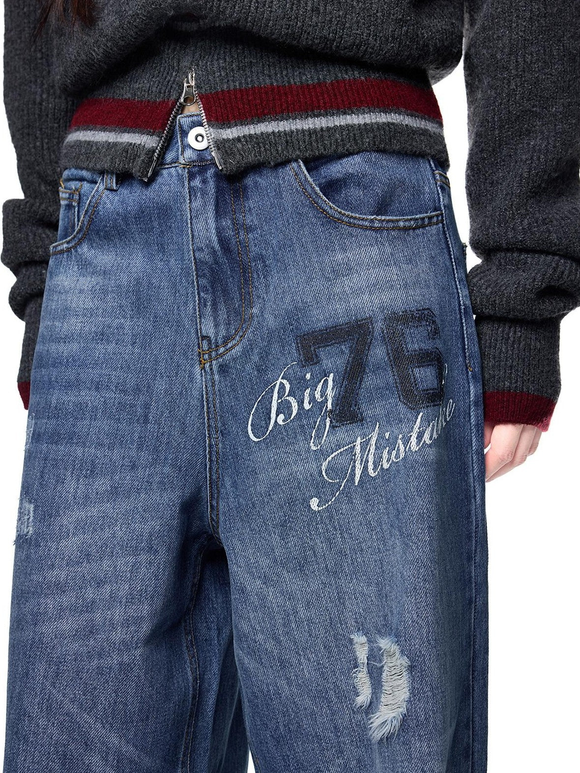 EZEK Distressed Ripped Letter Print Women's Cotton Blend Straight-leg Jeans