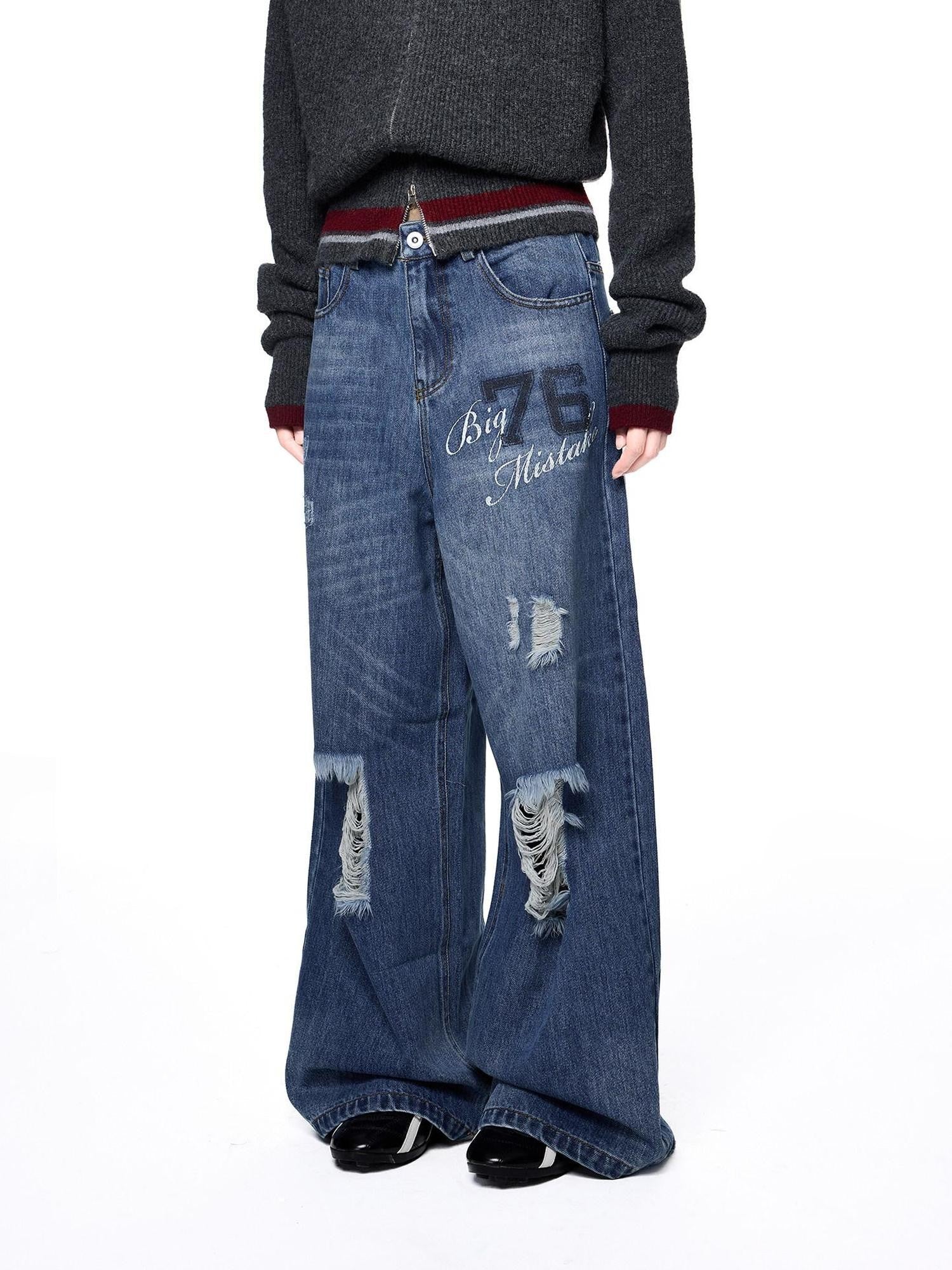EZEK Distressed Ripped Letter Print Women's Cotton Blend Straight-leg Jeans
