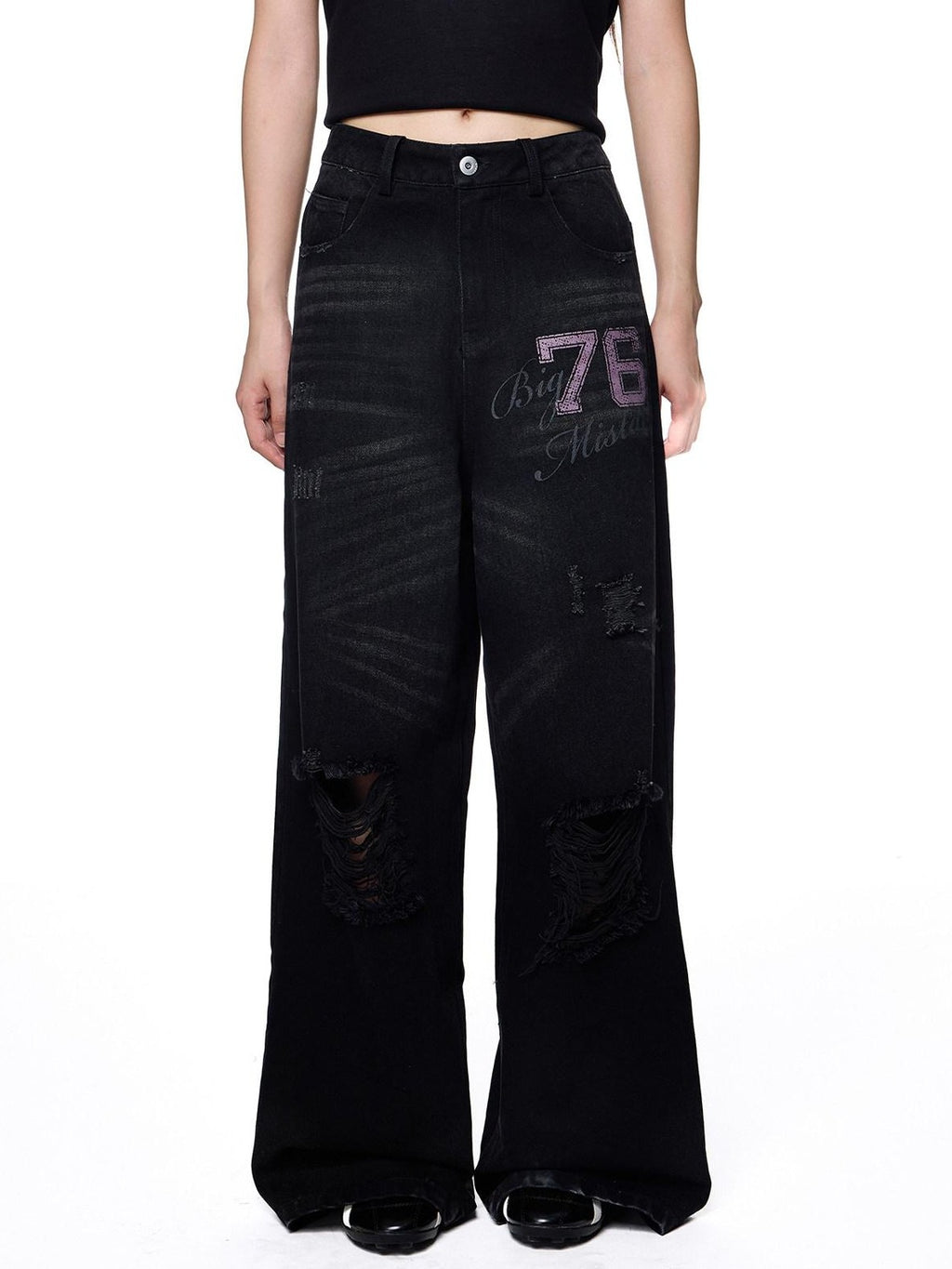 EZEK Distressed Ripped Letter Print Women's Cotton Blend Straight-leg Jeans