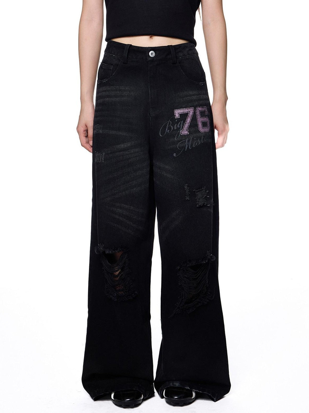 EZEK Distressed Ripped Letter Print Women's Cotton Blend Straight-leg Jeans