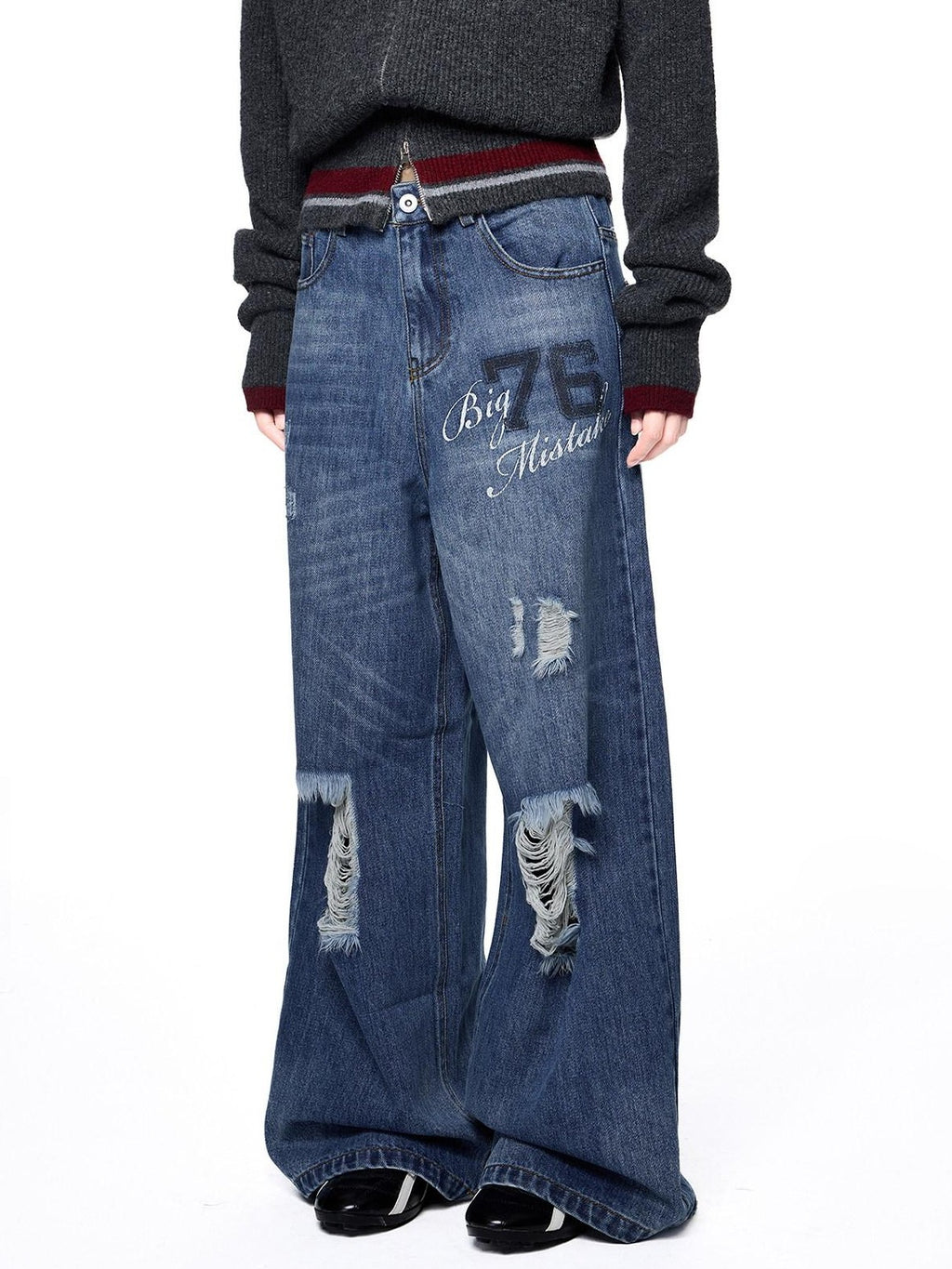 EZEK Distressed Ripped Letter Print Women's Cotton Blend Straight-leg Jeans