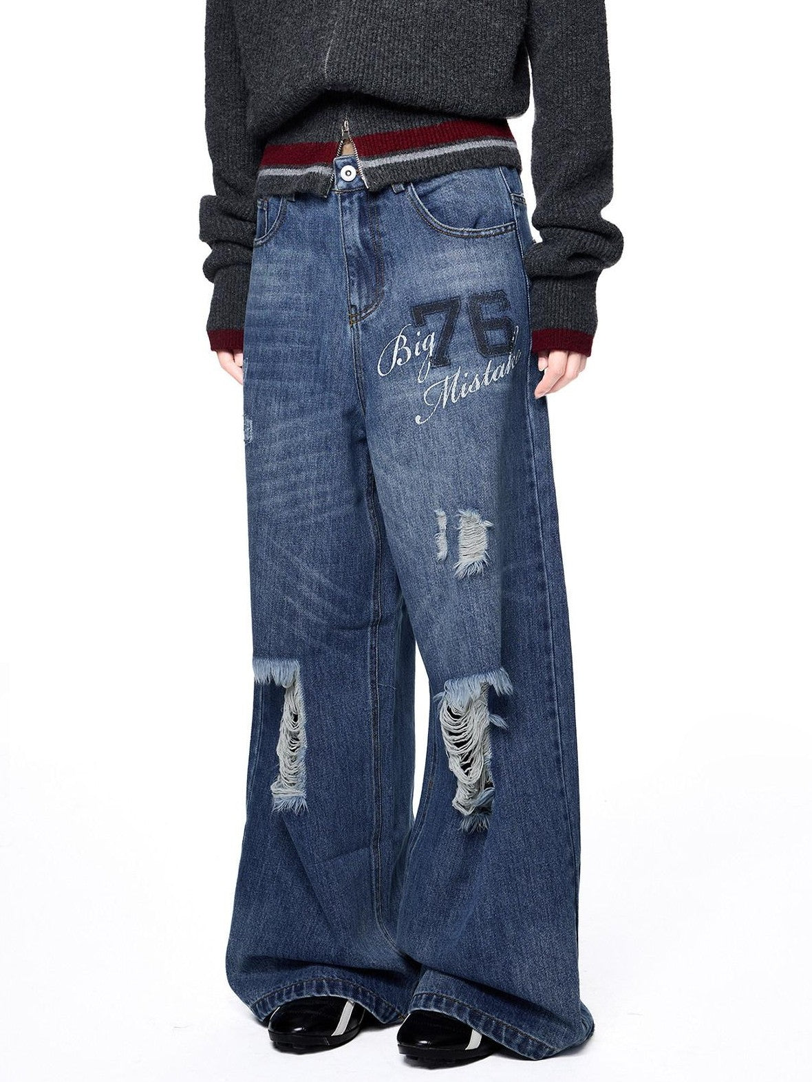 EZEK Distressed Ripped Letter Print Women's Cotton Blend Straight-leg Jeans