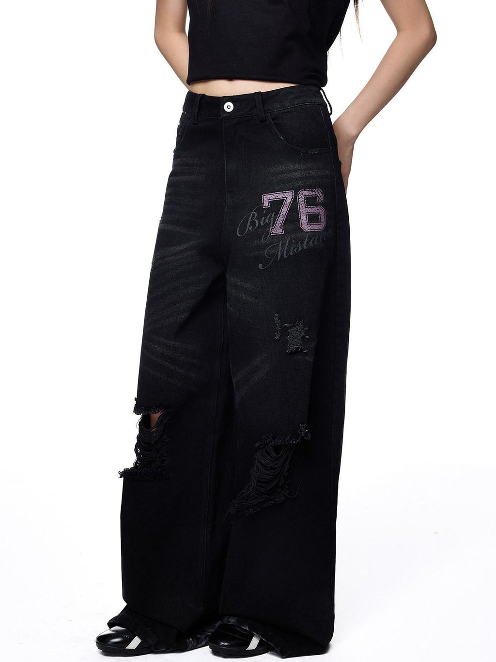 EZEK Distressed Ripped Letter Print Women's Cotton Blend Straight-leg Jeans